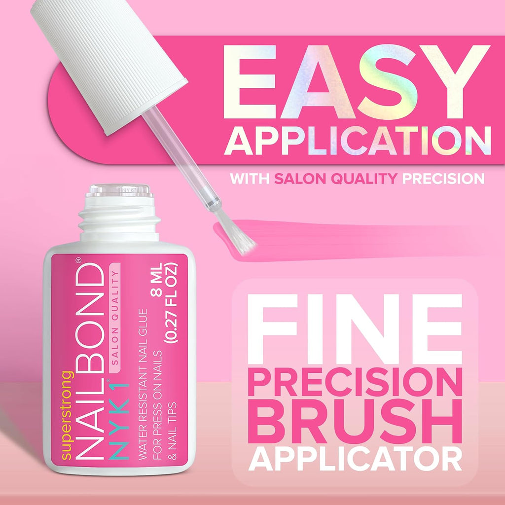 NYK1 Super Strong Nail Glue for Press On Nails, Nail Tips & Acrylics | 8ml | NailBond Brush On Nail Glue for Press Ons, Fake Nails & Acrylic Nails - Long Lasting, Max Strength, Mess-Free Application