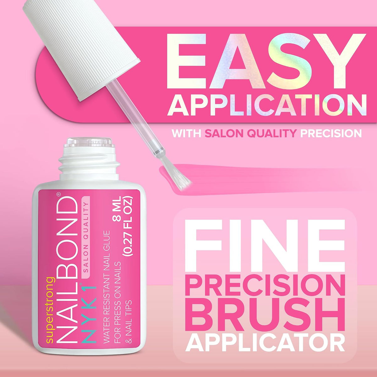 NYK1 Super Strong Nail Glue for Press On Nails, Nail Tips & Acrylics | 8ml | NailBond Brush On Nail Glue for Press Ons, Fake Nails & Acrylic Nails - Long Lasting, Max Strength, Mess-Free Application