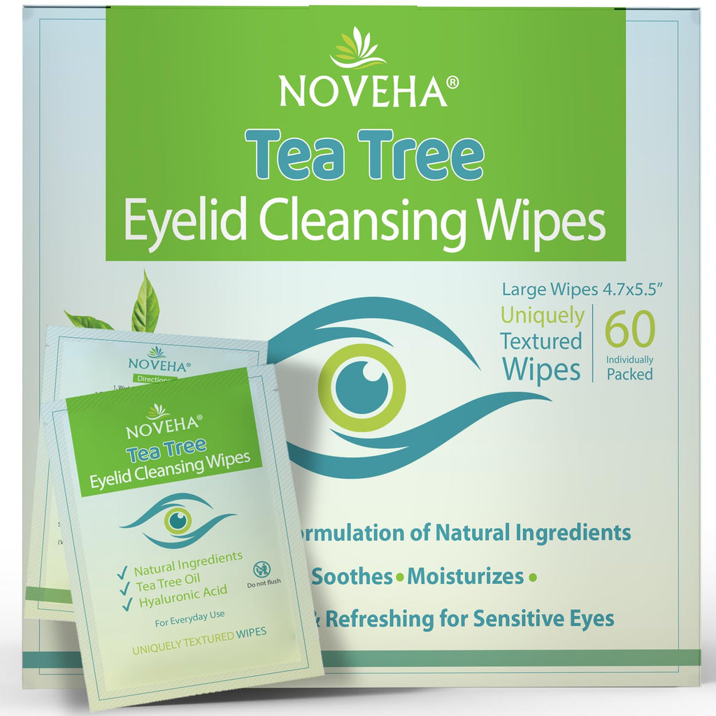 NOVEHA 360PCs Tea Tree Oil Eyelid & Lash Wipes With Hyaluronic Acid, Green Tea & Chamomile For Blepharitis & Itchy Eyes, Individually Wrapped Eyelash Wipes Natural Makeup Remover & Daily Cleanser