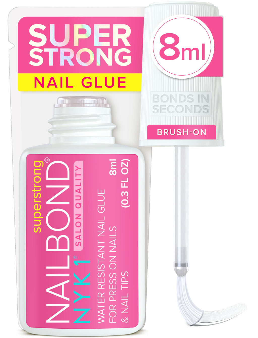 NYK1 Super Strong Nail Glue for Press On Nails, Nail Tips & Acrylics | 8ml | NailBond Brush On Nail Glue for Press Ons, Fake Nails & Acrylic Nails - Long Lasting, Max Strength, Mess-Free Application