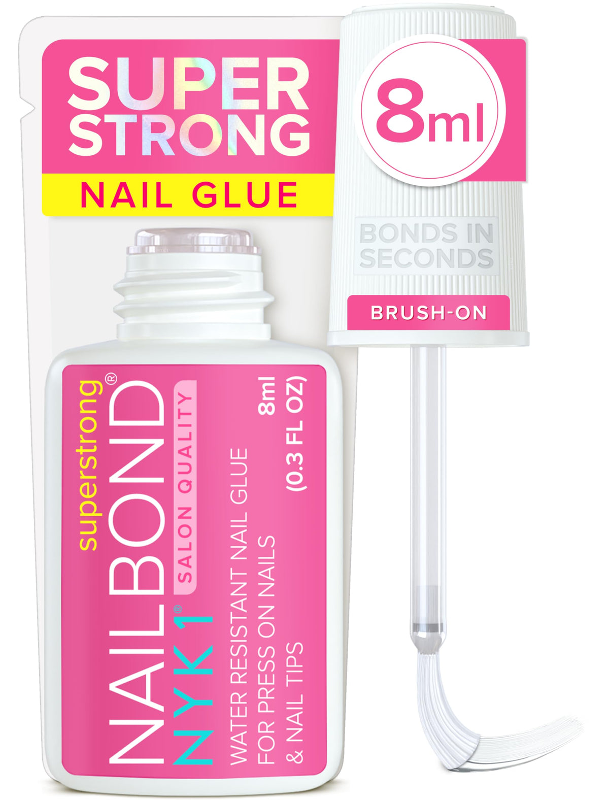 NYK1 Super Strong Nail Glue for Press On Nails, Nail Tips & Acrylics | 8ml | NailBond Brush On Nail Glue for Press Ons, Fake Nails & Acrylic Nails - Long Lasting, Max Strength, Mess-Free Application