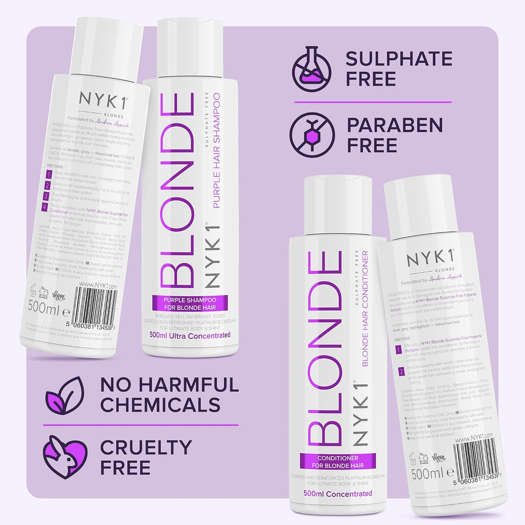 NYK1 NO MORE BRASS Purple Hair Shampoo & Conditioner Set | 500ml x2 | Blonde Shampoo and Conditioner Set for Bleached, Color-Treated & Highlighted Hair - Neutralizes Yellow and Brassy Tones