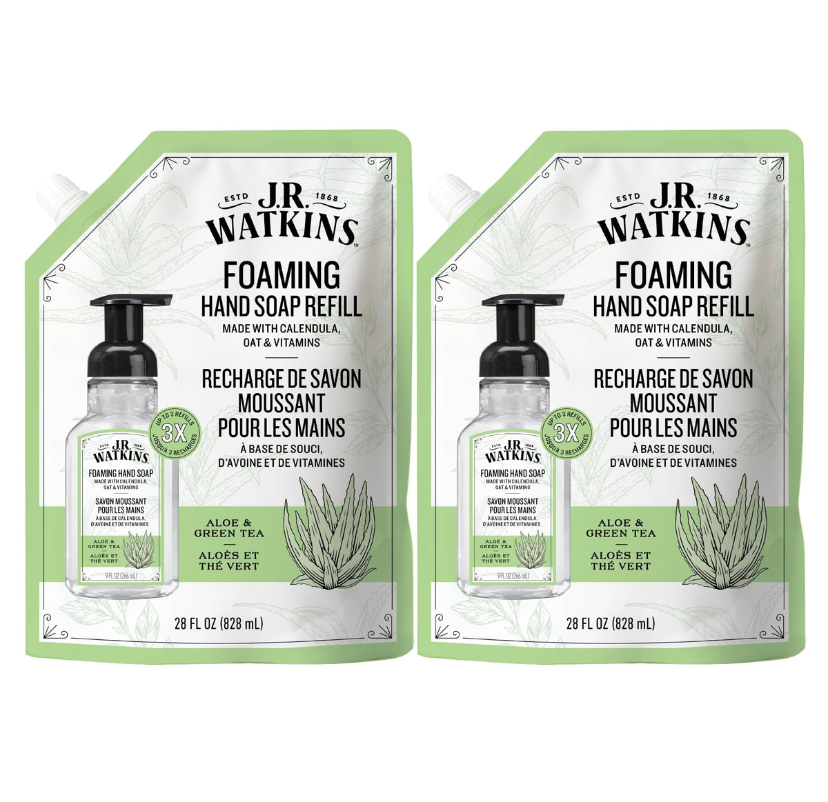 J.R. Watkins Moisturizing Foam Hand Soap Refill 2 Pack, Lemon, 28 fl oz