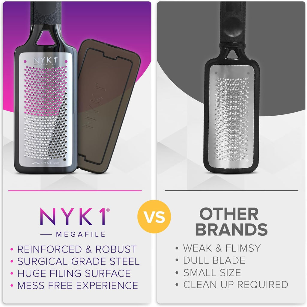 NYK1 RUSTPROOF Foot File Callus Remover for Feet with Catcher | XL Size | MegaFile Hard Skin Remover Foot Scraper for Wet and Dry Use - Non-Slip Textured Grip for Smooth, Soft & Callus-Free Feet
