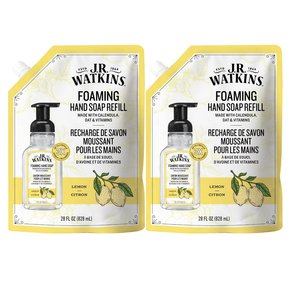 J.R. Watkins Moisturizing Foam Hand Soap Refill 2 Pack, Lemon, 28 fl oz