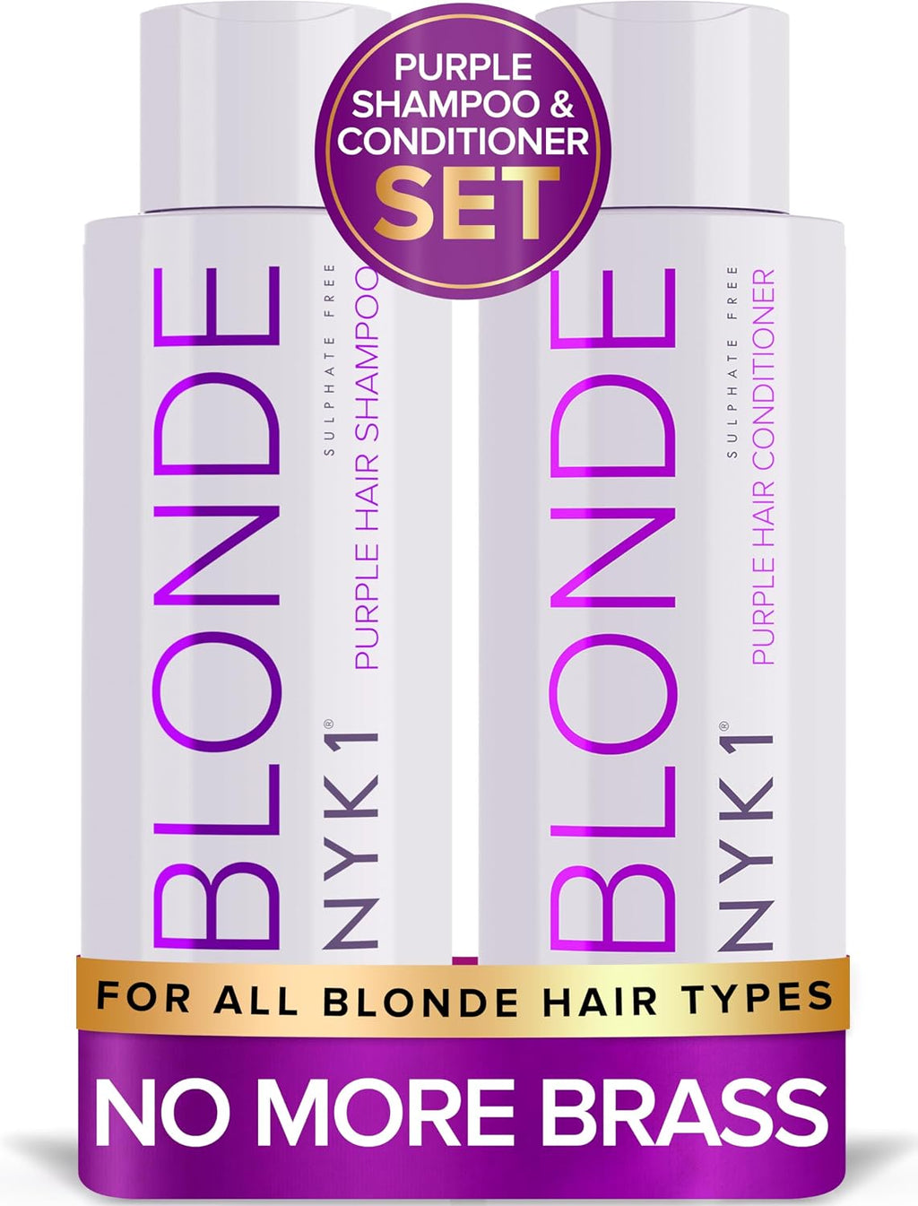 NYK1 NO MORE BRASS Purple Hair Shampoo & Conditioner Set | 500ml x2 | Blonde Shampoo and Conditioner Set for Bleached, Color-Treated & Highlighted Hair - Neutralizes Yellow and Brassy Tones