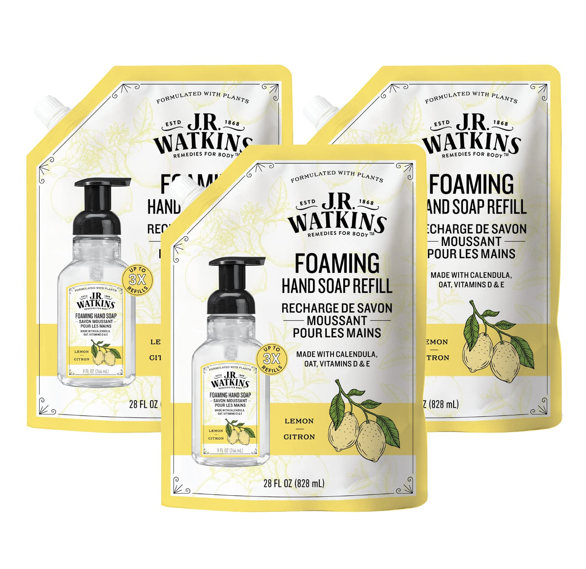 J.R. Watkins Moisturizing Foam Hand Soap Refill 2 Pack, Lemon, 28 fl oz