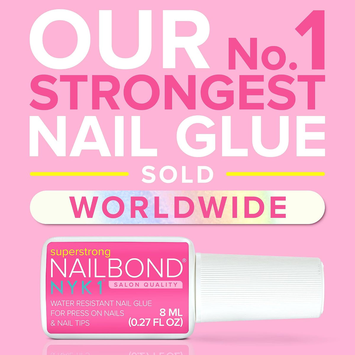 NYK1 Super Strong Nail Glue for Press On Nails, Nail Tips & Acrylics | 8ml | NailBond Brush On Nail Glue for Press Ons, Fake Nails & Acrylic Nails - Long Lasting, Max Strength, Mess-Free Application