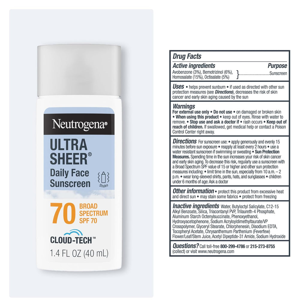 Neutrogena Ultra Sheer Daily Face Sunscreen SPF 70 with BEMT, 1.4 Fl. Oz