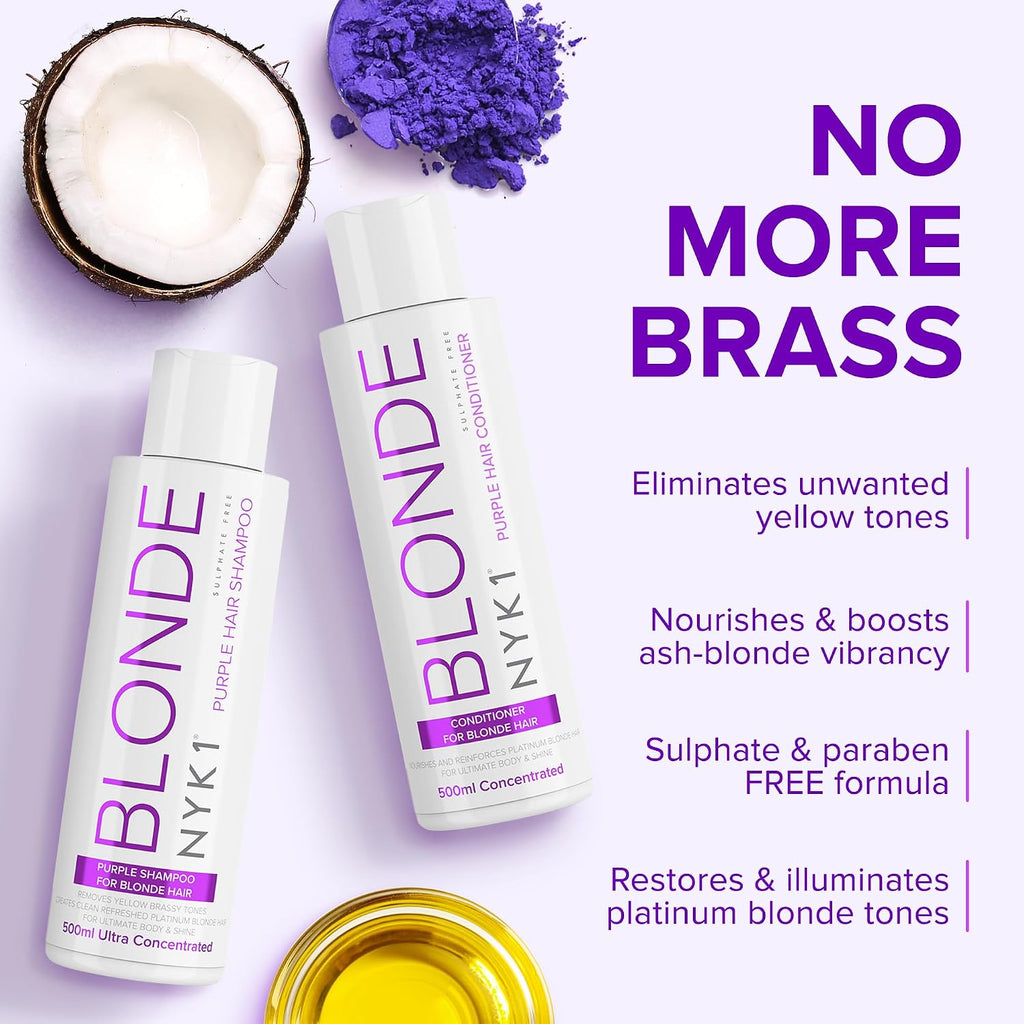 NYK1 NO MORE BRASS Purple Hair Shampoo & Conditioner Set | 500ml x2 | Blonde Shampoo and Conditioner Set for Bleached, Color-Treated & Highlighted Hair - Neutralizes Yellow and Brassy Tones