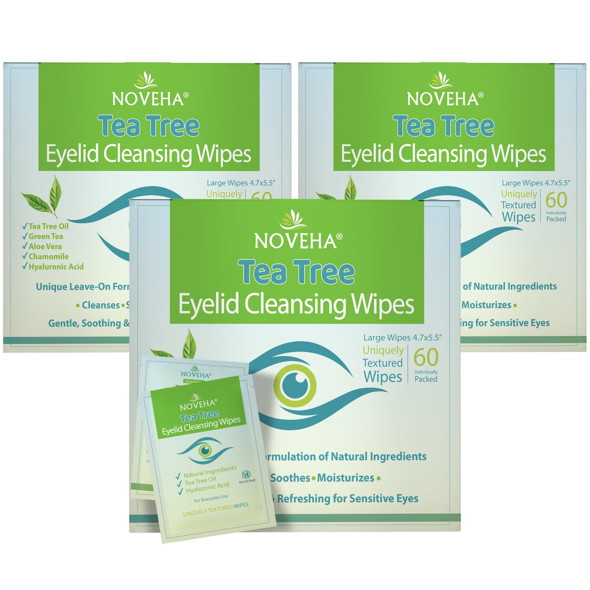 NOVEHA 360PCs Tea Tree Oil Eyelid & Lash Wipes With Hyaluronic Acid, Green Tea & Chamomile For Blepharitis & Itchy Eyes, Individually Wrapped Eyelash Wipes Natural Makeup Remover & Daily Cleanser