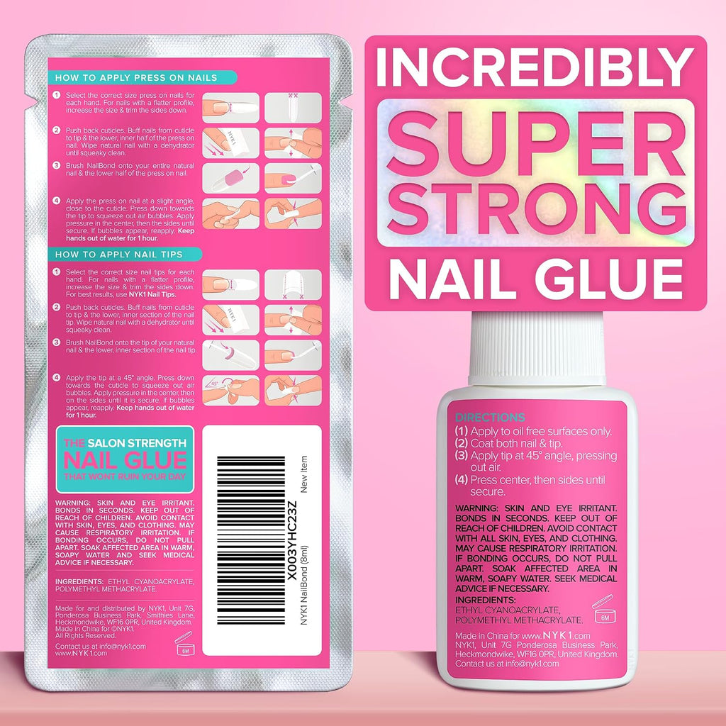 NYK1 Super Strong Nail Glue for Press On Nails, Nail Tips & Acrylics | 8ml | NailBond Brush On Nail Glue for Press Ons, Fake Nails & Acrylic Nails - Long Lasting, Max Strength, Mess-Free Application