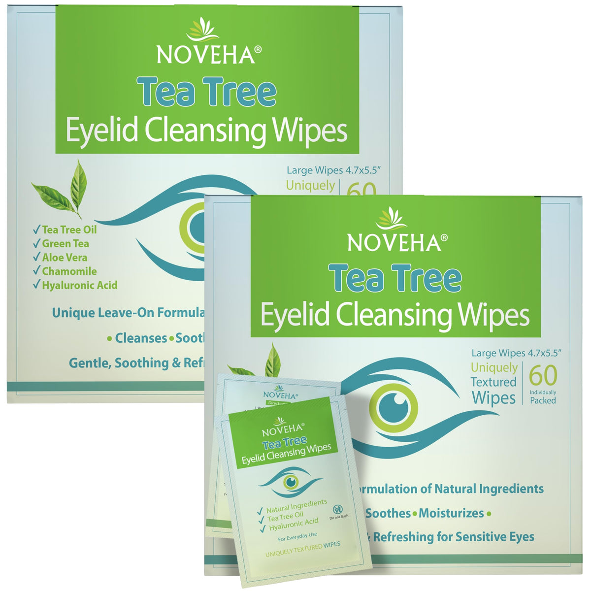 NOVEHA 360PCs Tea Tree Oil Eyelid & Lash Wipes With Hyaluronic Acid, Green Tea & Chamomile For Blepharitis & Itchy Eyes, Individually Wrapped Eyelash Wipes Natural Makeup Remover & Daily Cleanser